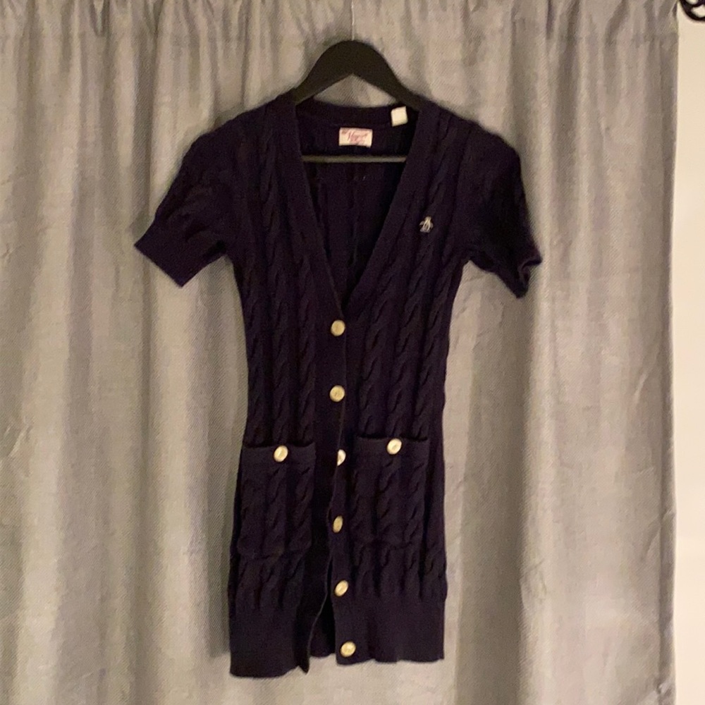 Navy cardigan size small. Nice big white buttons.